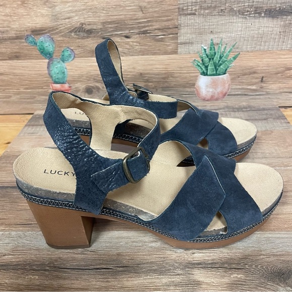 Lucky Brand Harvia platform sandals Women's 8 Black leather wood block Heel - Picture 1 of 10